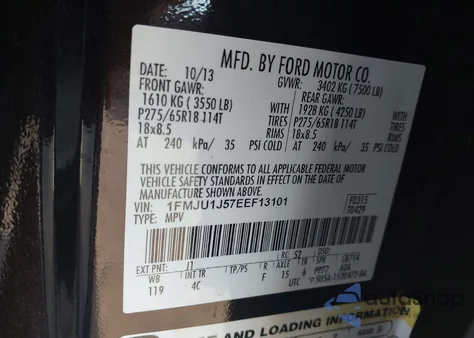 2014 Ford Expedition Xlt из США, поврежденный, VIN 1FMJU1J57EEF13101